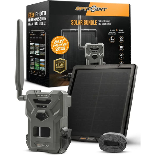 SPYPOINT Flex-M Solar Bundle - Cellular Trail Camera with Solar Panel, Best in Hunting Accessories, No WiFi Needed, GPS, Night V
