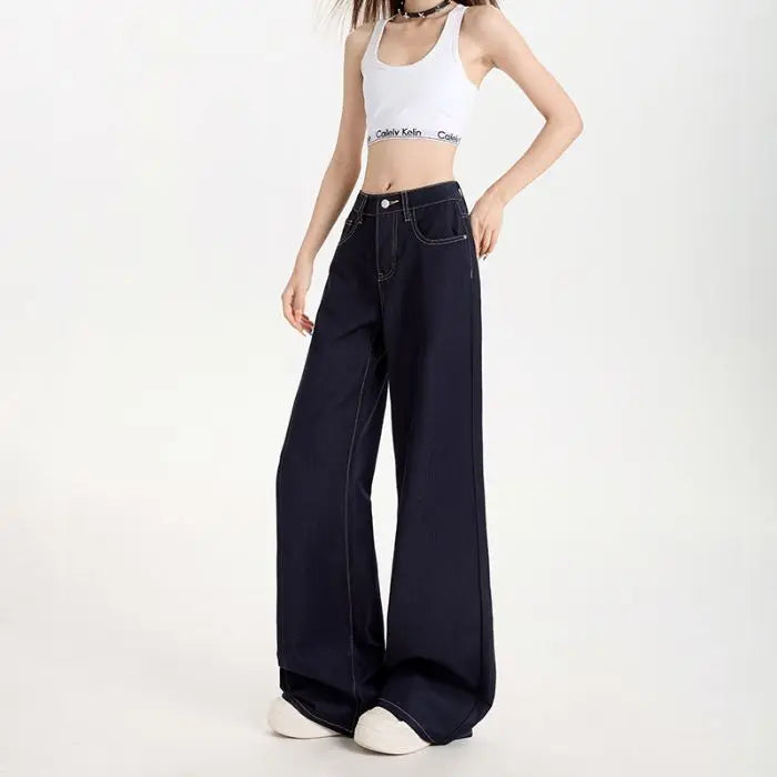 Summer Women's Wide Leg Jeans Retro Patchwork Solid Baggy Straight Leg Denim Adjustable Waist High Quality