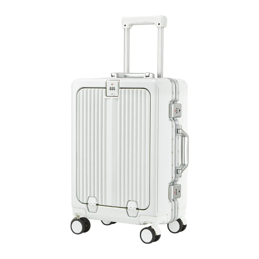 Front Opening Suitcase Aluminum Alloy Widen Trolley Rolling Luggage with Cup Holder TSA Lock Spinner Wheels Carry-on Case Bag