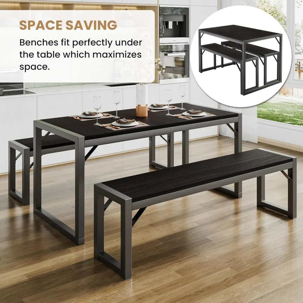Rustic 4-Person Dining Table Set with Benches for Small Spaces, Durable Metal Frame