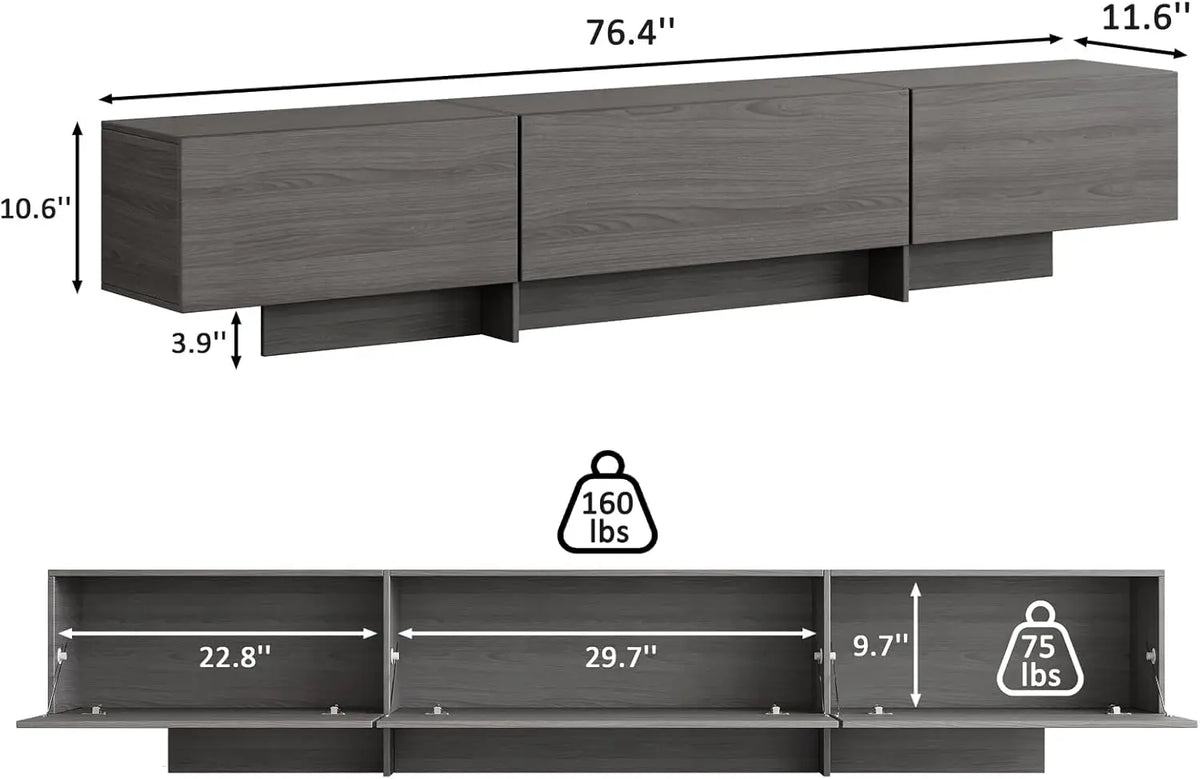 76.4'' Modern TV Console & Coffee Table Set, 4-Drawer Storage, Grey Oval Living Room Furniture