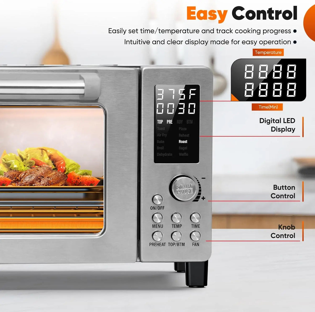 Bravo Pro 10-in-1 Air Fryer Toaster Oven, 21Qt, Stainless Steel, 50-450°F, PFAS Free