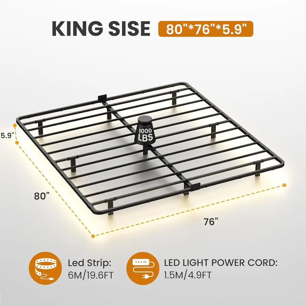 Luxury King Size LED Floating Bed Frame, Metal Platform, No Box Spring, Easy Assembly, Silent