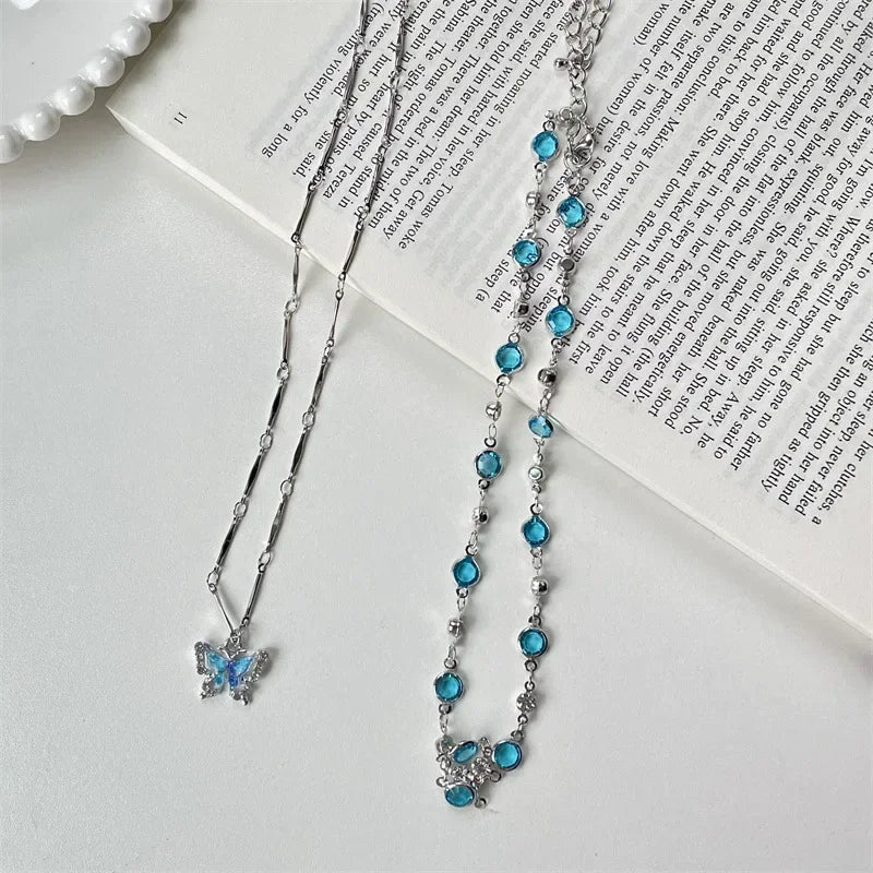 Romantic Blue Crystal Butterfly Necklace for Women Girls Simple Shiny Zircon Bilayer Choker Clavicle Chain New Fine Jewelry Gift