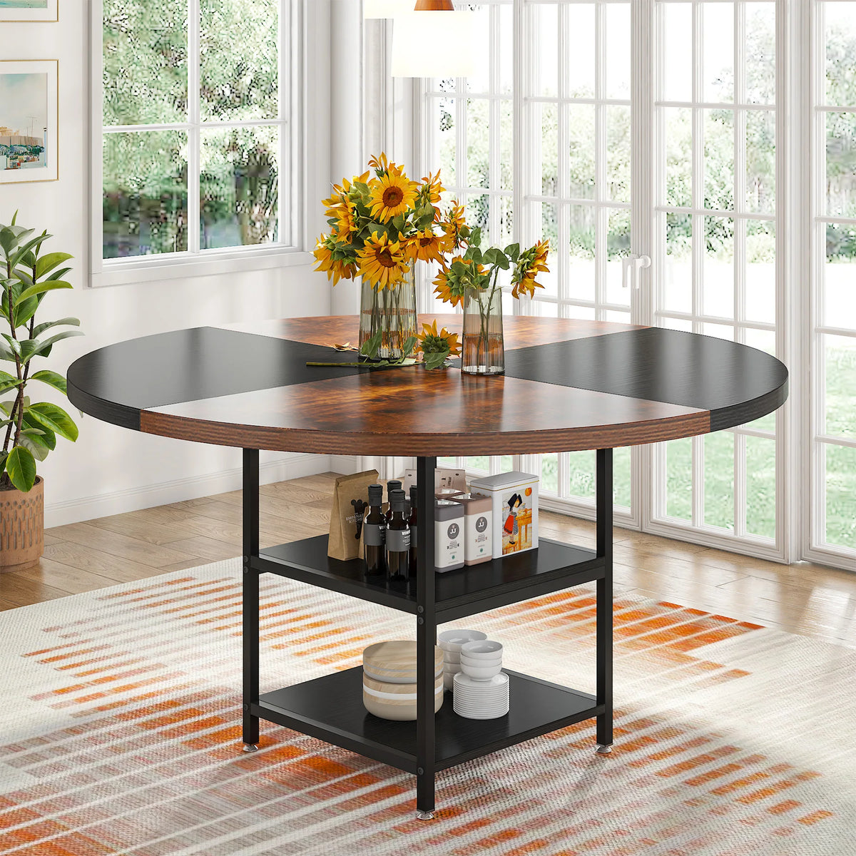 Tribesigns 47 inch Round Dining Table for 4, Wood Kitchen Table Large Dinner Table with Storage Shelf for Home Dining Room