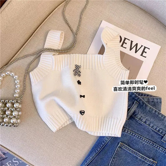 Women Clothing White Three-dimensional Bear Knitted Tanks Tops Ummer Short Suspender Top Sleeveless Camisole T-shirt