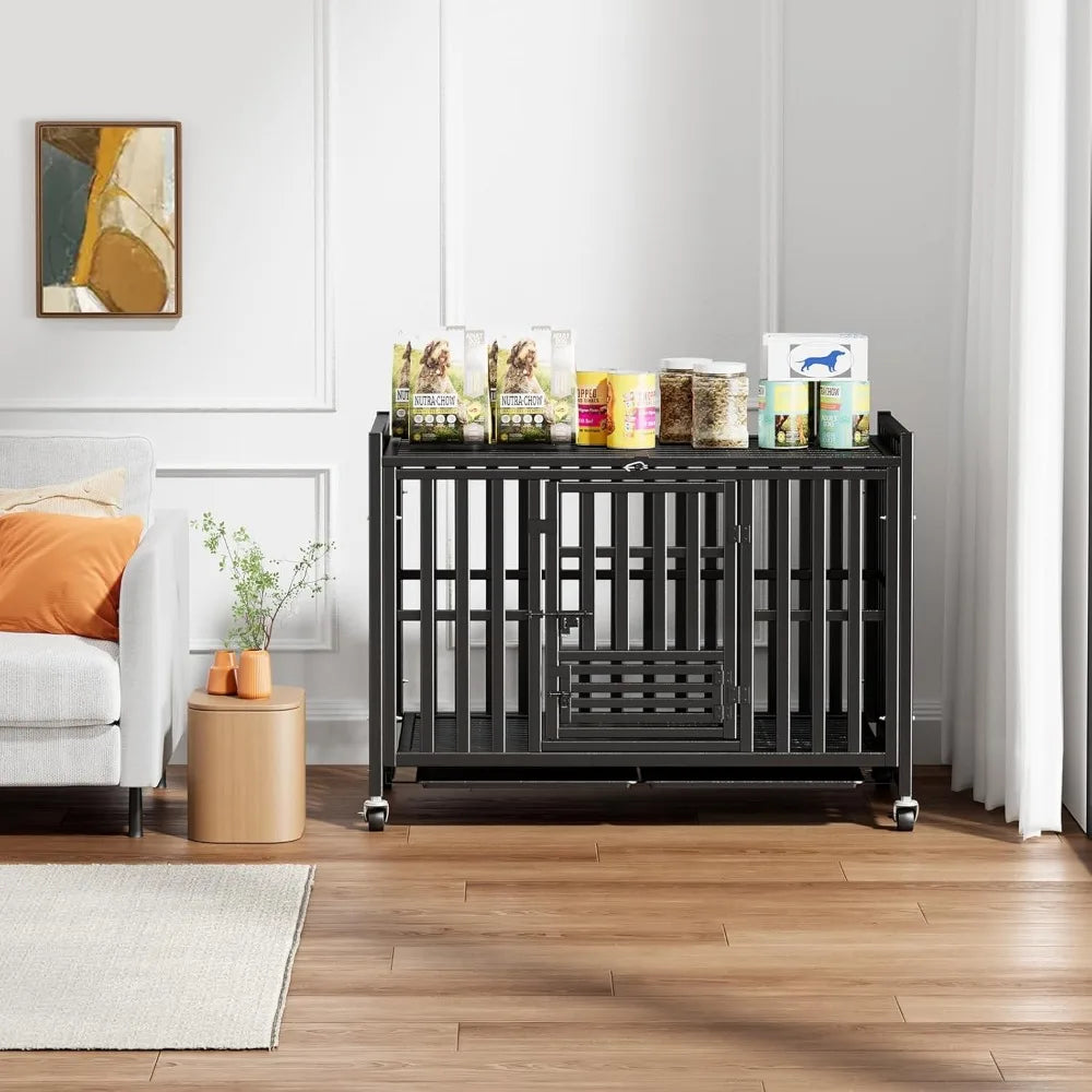 42 inch heavy duty dog crate, upgraded thickened steel frame indestructible kennel for large & high anxiety dogs, escape proof d