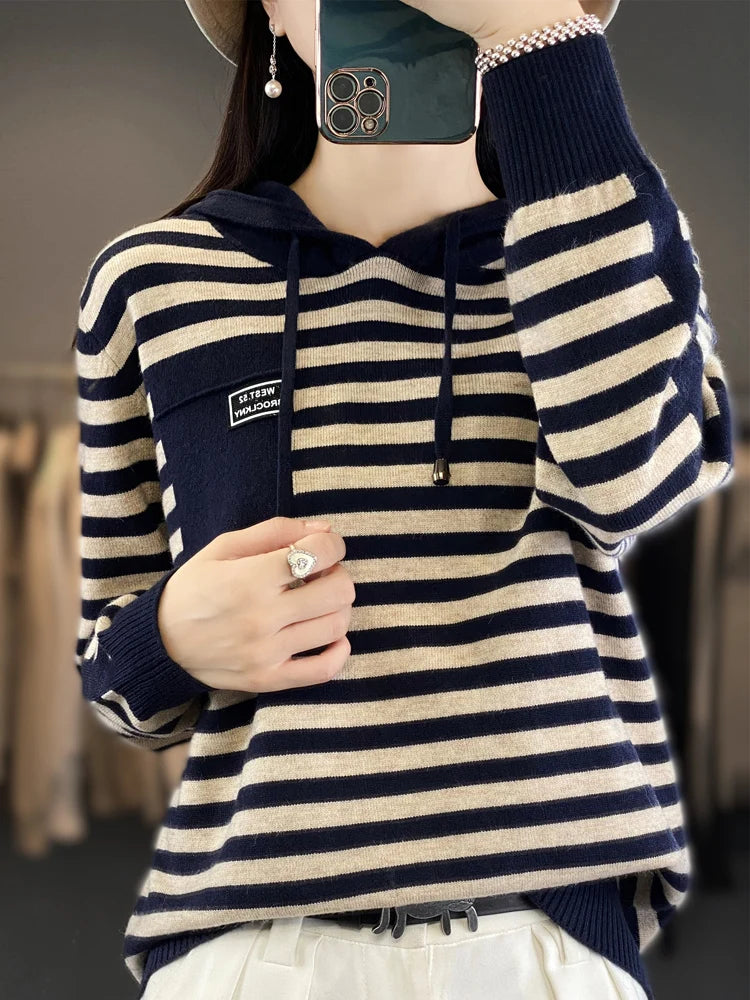 Winter Pure Wool Fashion Soft Sweater Autumn Female New Women Hooded Collar Strip Pullover Cashmere Loose Casual Knit Base Top