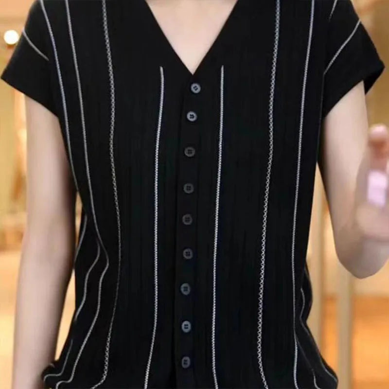 Women's Clothing  Hollow Out French Style Cardigan Summer Striped Large Size Knit tees Short Sleeve Lady V-neck All-match Tops