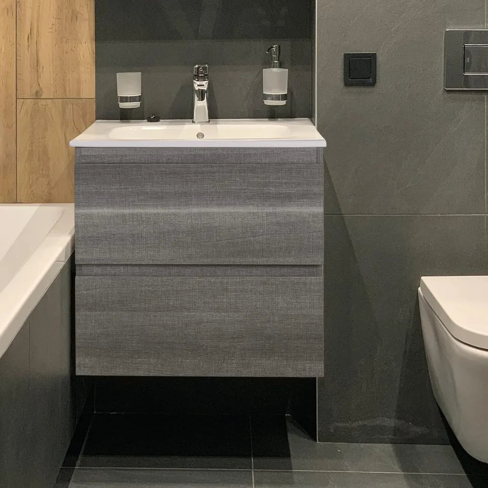 24" Wall Mounted Bathroom Vanity with Sink Grey Floating Vanity Two Drawers Bathroom Cabinet with White Ceramic Integrated Sink