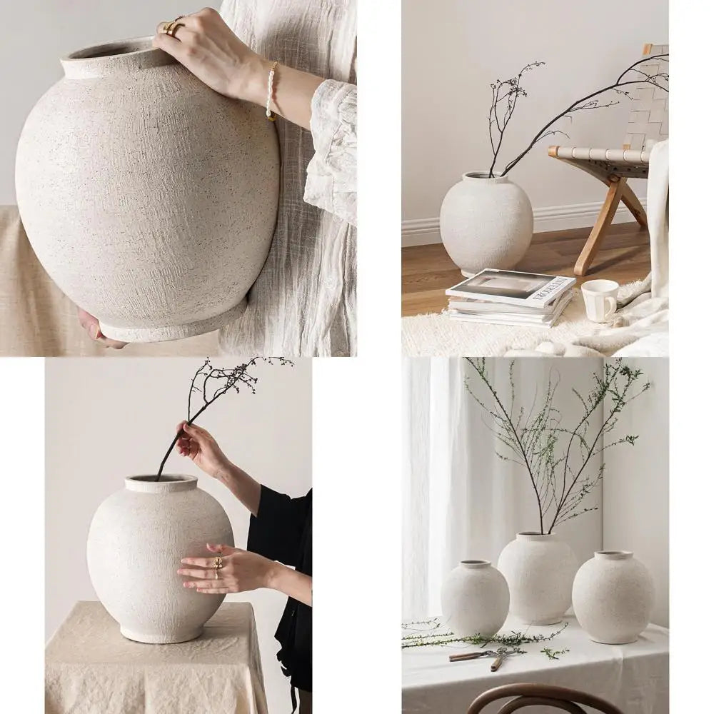 Large 12.5 Inch Round White Ceramic Floor Vase for Centerpieces, Farmhouse Rustic Minimalist Decor, Sandstone White Style