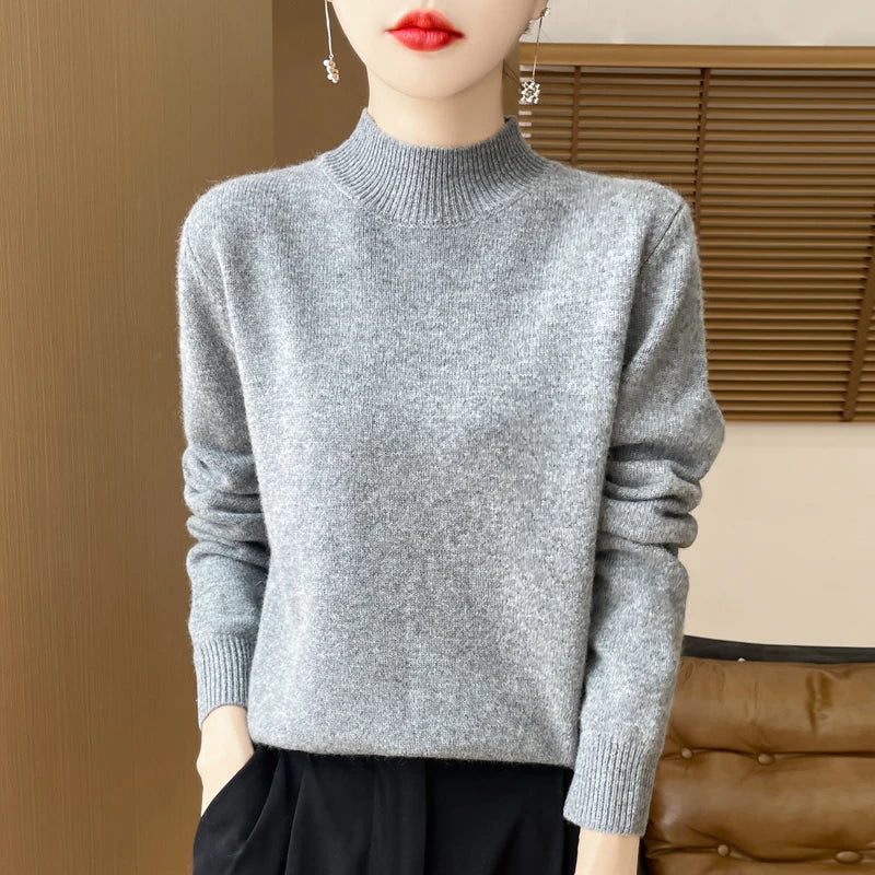 One Line Half Height 100% Andy Velvet Knitted Sweater For Women's Autumn And Winter New Top, Loose Long Sleeved Basic Style GH79