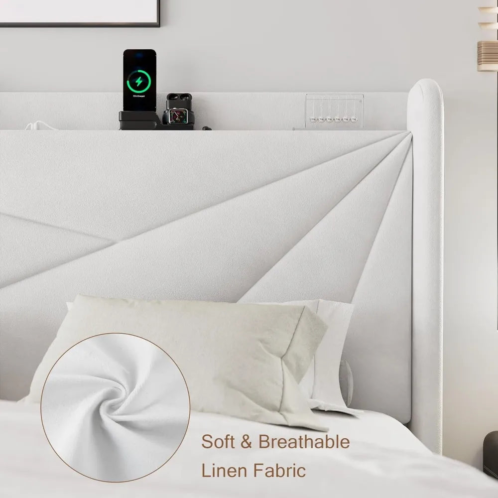 Queen Size Bed Frame with Upholstered Headboard, Storage and Charging Station, Wood Slat Support