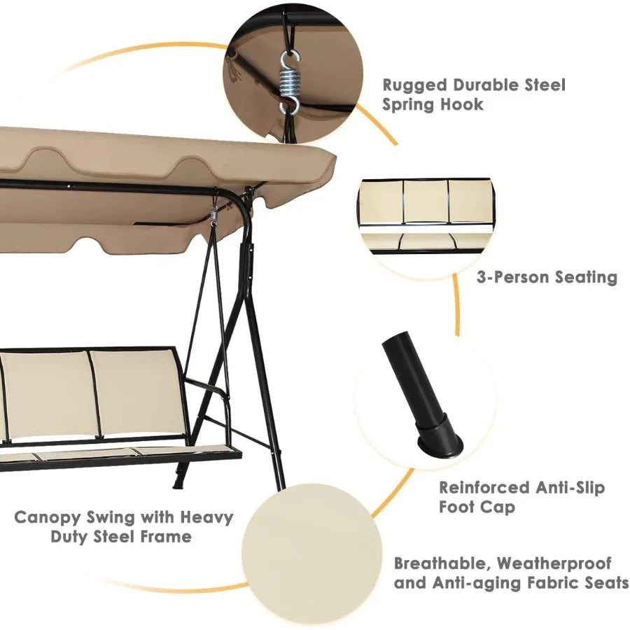 3 Person Patio Swing Steel Frame with Polyester Angle Adjustable Canopy All Weather Resistant Swing Bench Perfect for Outdoor U