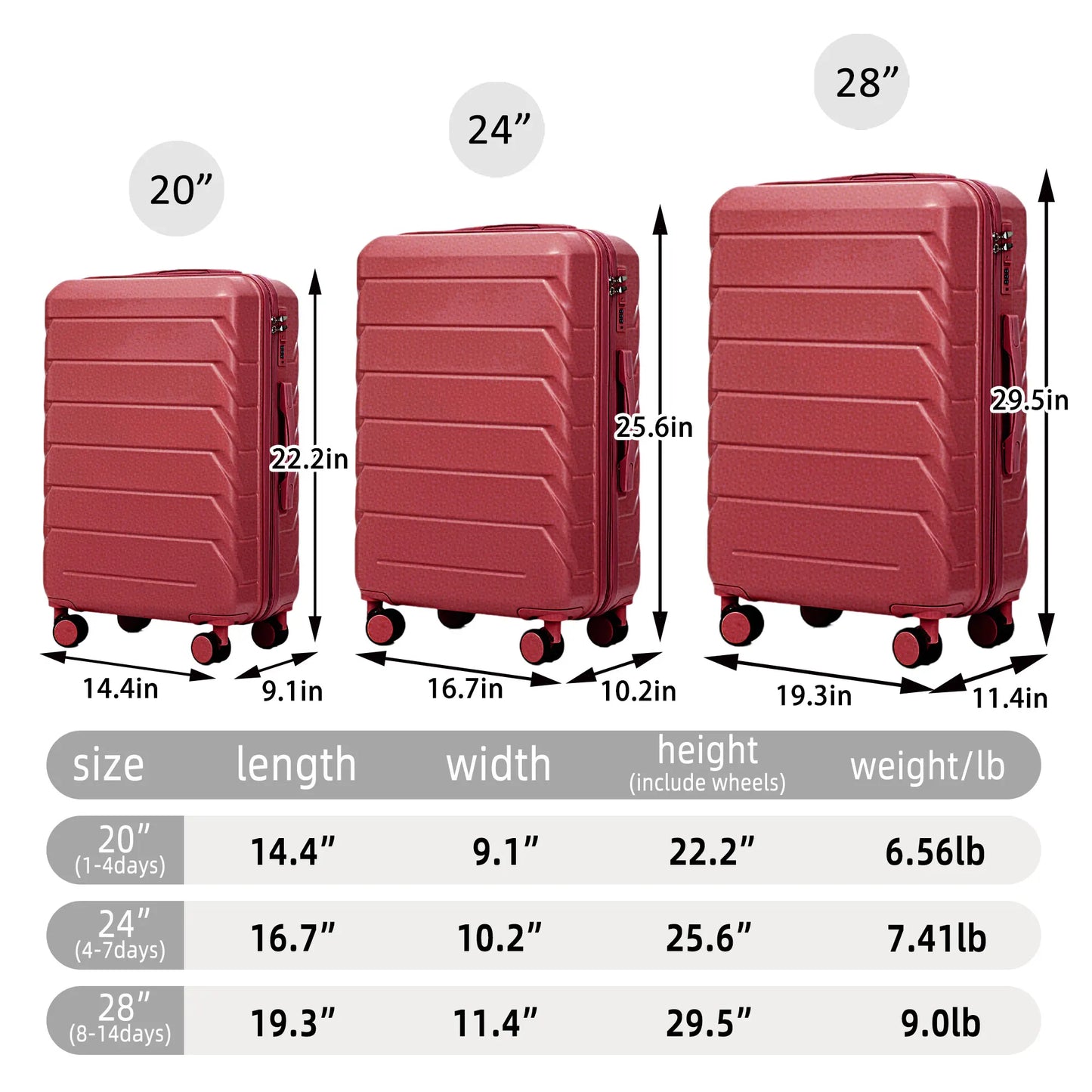 3 in 1 ABS&PC Trolley Box 20in 24in 28in Trolley Box Iron Tie Rod ABSPC Alloy Wine Red  suitcases and travel bags