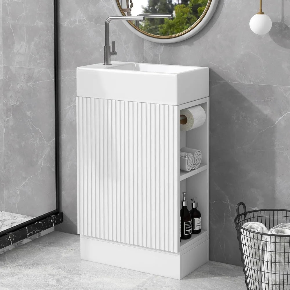 18.6" Bathroom Vanity with Ceramic Sink, Freestanding Cabinets with Open Shelf and Toilet Paper Holder, Left or Right Door Orien