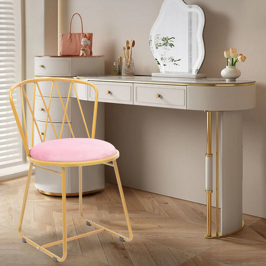 Modern Glam Vanity Stool Elegant Makeup Chair Soft Round Seat, Chic Metal Legs Light Luxury Style with Soft Cushion