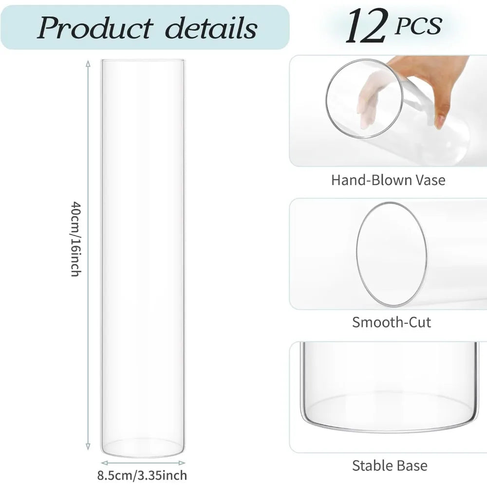 Set of 12 16 Clear Glass Cylinder Vases for Centerpieces, Floating Candles, Wedding Decorations