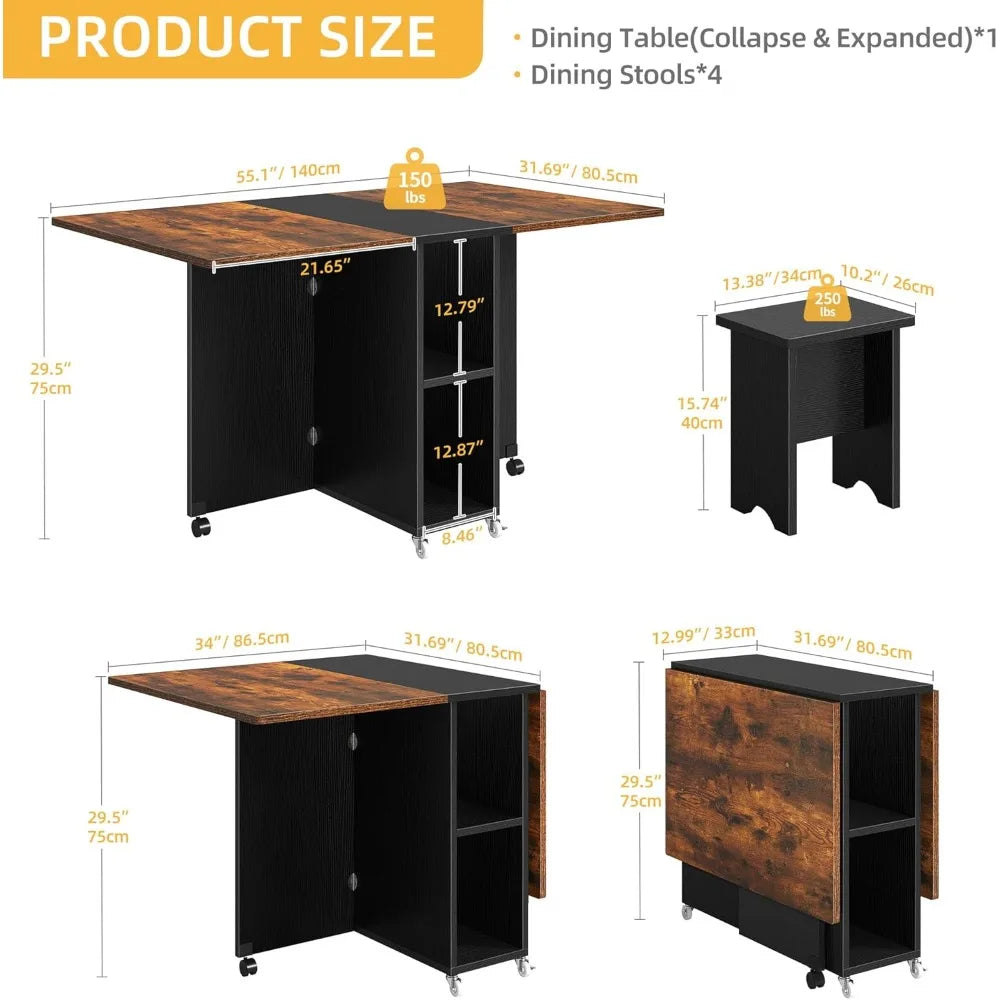 "5-piece drop leaf extendable dining table set with 4 chairs for 4 people, 55-inch wooden kitchen dining room furniture"