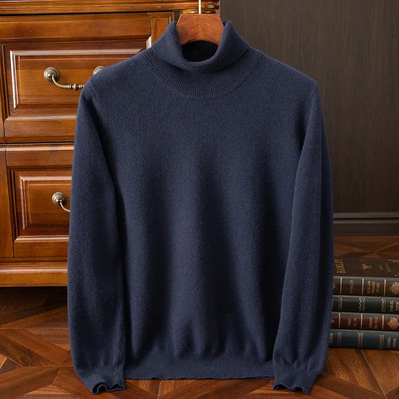 Men 100% Merino Wool Sweater Turtleneck Knitted Pullover Cashmere Warm Solid Color Clothes Business Bottoming Tops Autumn Winter