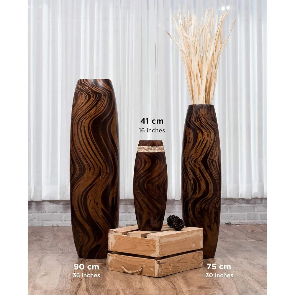 Large Brown Wooden Floor Vase - 34 Tall Decorative Holder for Artificial Plants and Pampas Grass