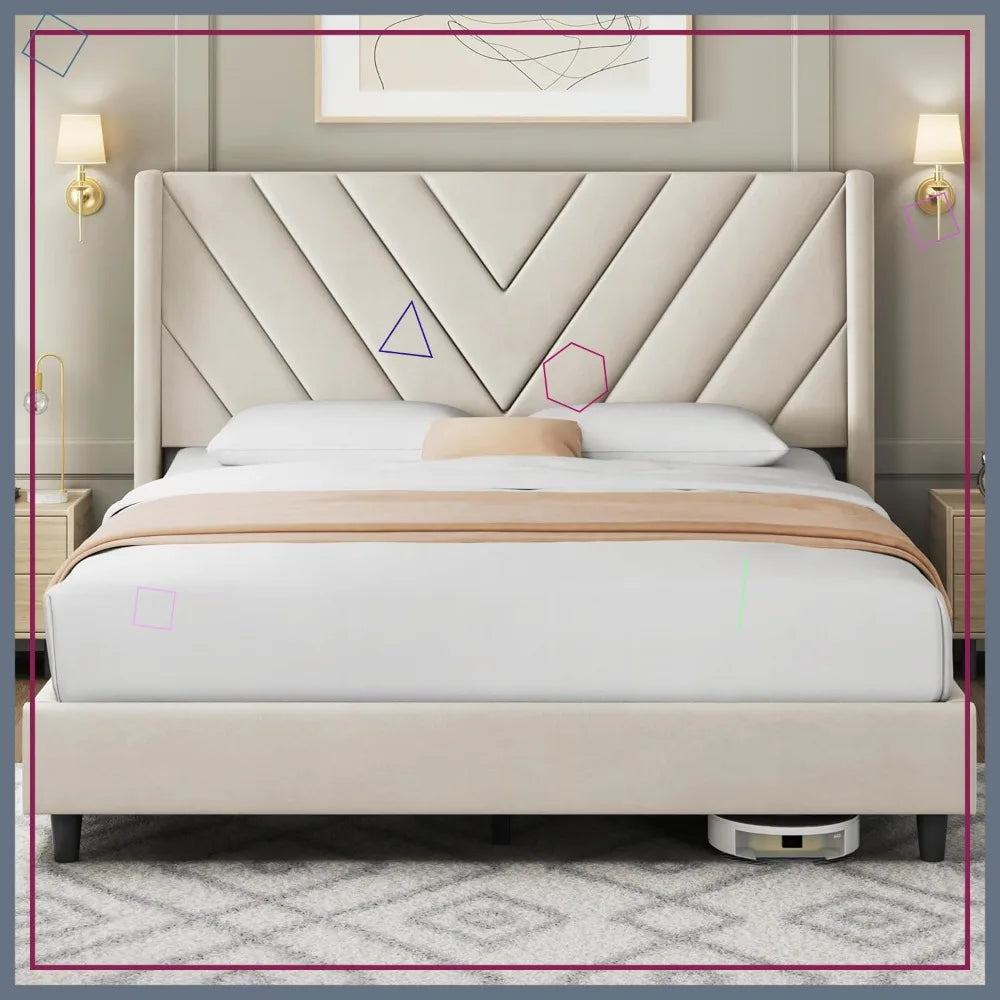 Upholstered Queen Bed Frame with Tufted Headboard, Wooden Slat Support, No Box Spring Needed, Beige Velvet Finish