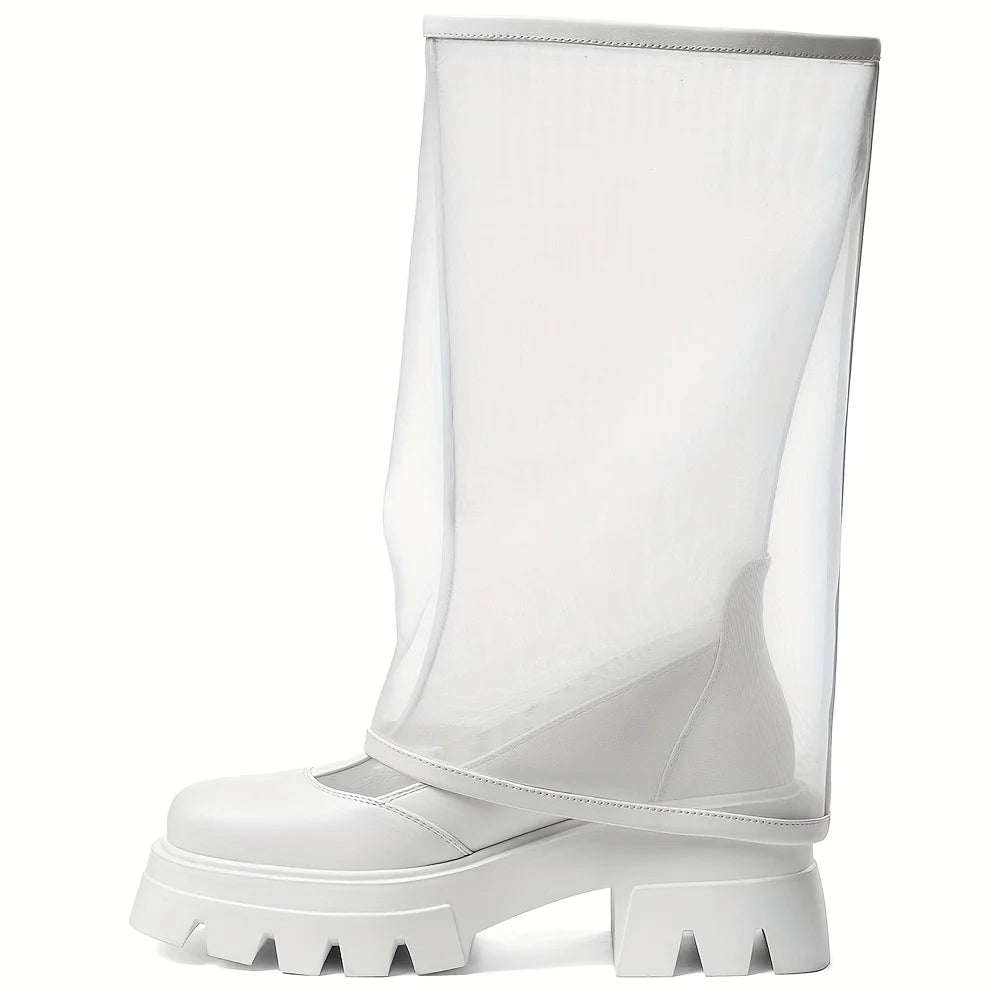 Women's Mesh Knee High Boots Fashion Platform Chunky High Heels Pull on Casual Comfy Boots Woman