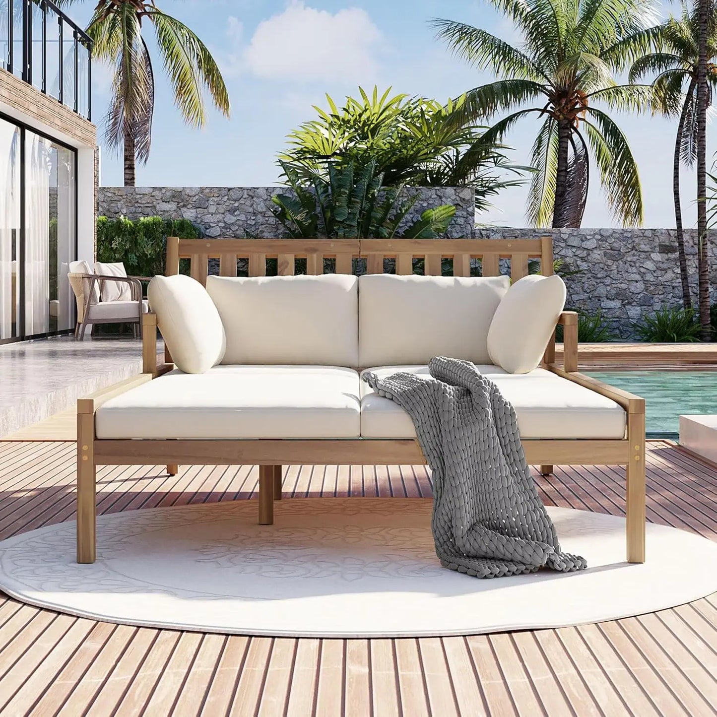 Outdoor Daybed Patio Daybed with Four Pillows Wooden Outdoor Bed with Curved Armrests for Poolside Backyard Garden (Gray+Beige C