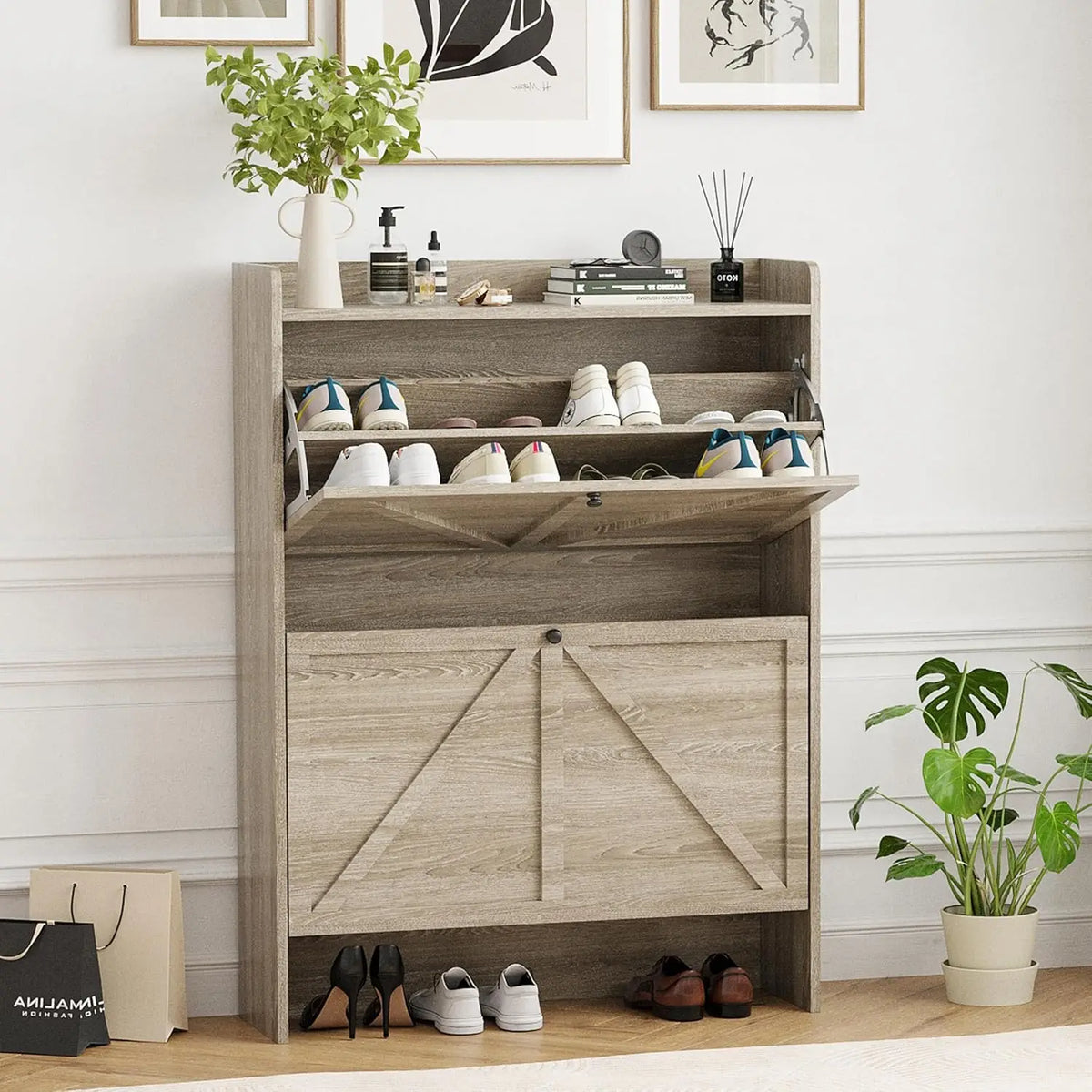 Shoe Storage Cabinet for Entryway, Shoe Rack Cabinet for Front Door Entrance,Farmhouse Narrow Shoe Organizer with 2 Flip Drawers