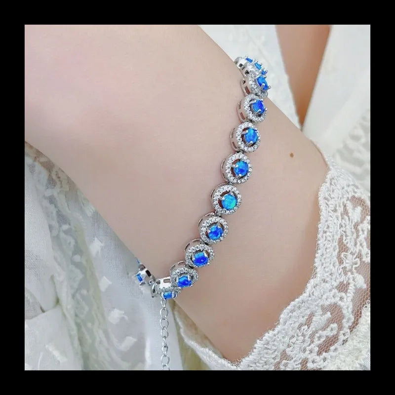Accessories Small Round Bracelet with Diamonds Blue Opal Simple Hand Jewelry Fashion Versatile Silver Bracelet