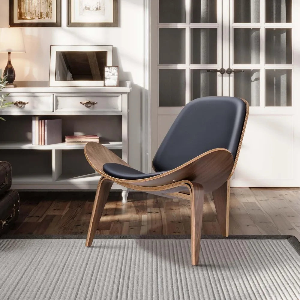 Mid Century Modern Shell Lounge Chair, PU Leather, Tripod Plywood Classic Design Solid Wood Accent Chairs for Living Room