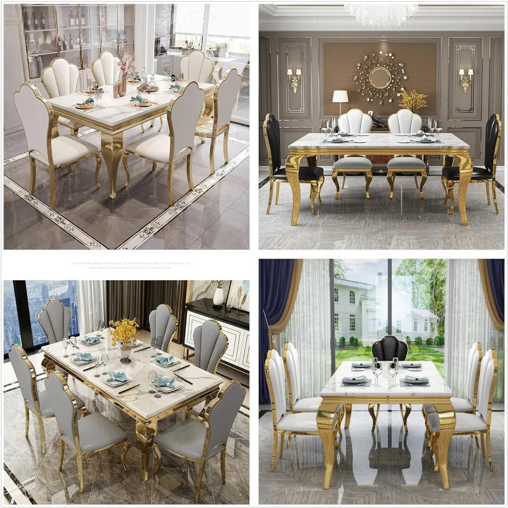 Marble Dining Table for 4 6, 70 Inch White Gold Kitchen Table with Faux Marble Top & Cabriole Stainless Steel Legs, Modern Recta