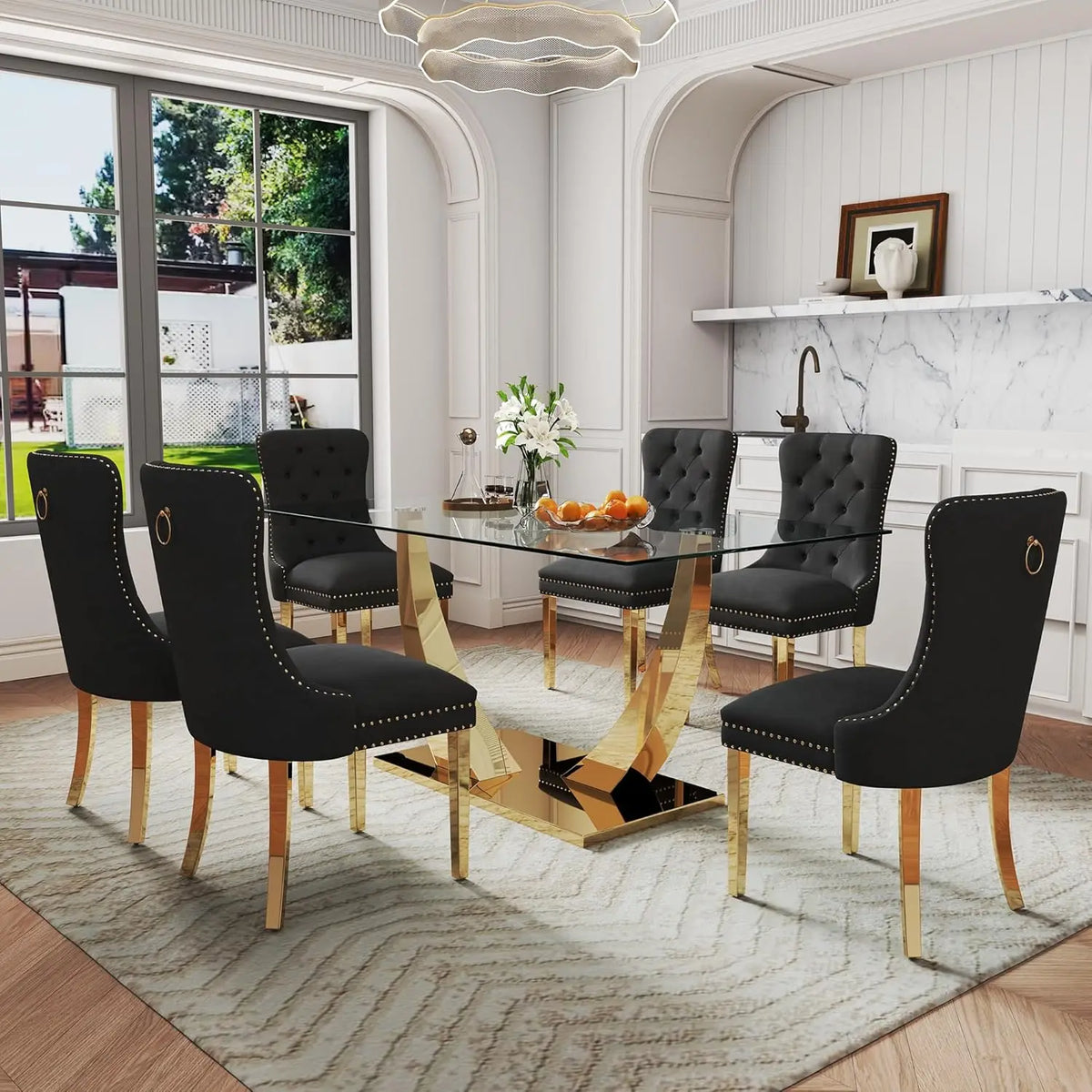 7-Piece Dining Room Set, 63" Gold Rectangular Glass Kitchen Table with 6 Beige High Back Chairs, Modern Glass Dining Table Set f