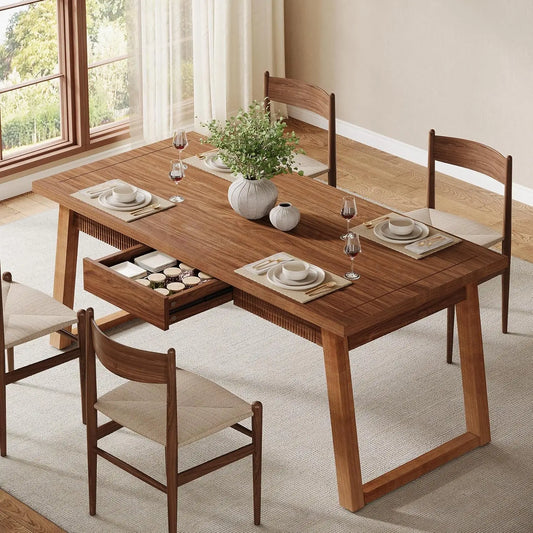Dining Table with Storage Drawer for Dining Room, Rectangular Modern Dinner Kitchen Table with Solid Wood Legs for 4-6 People
