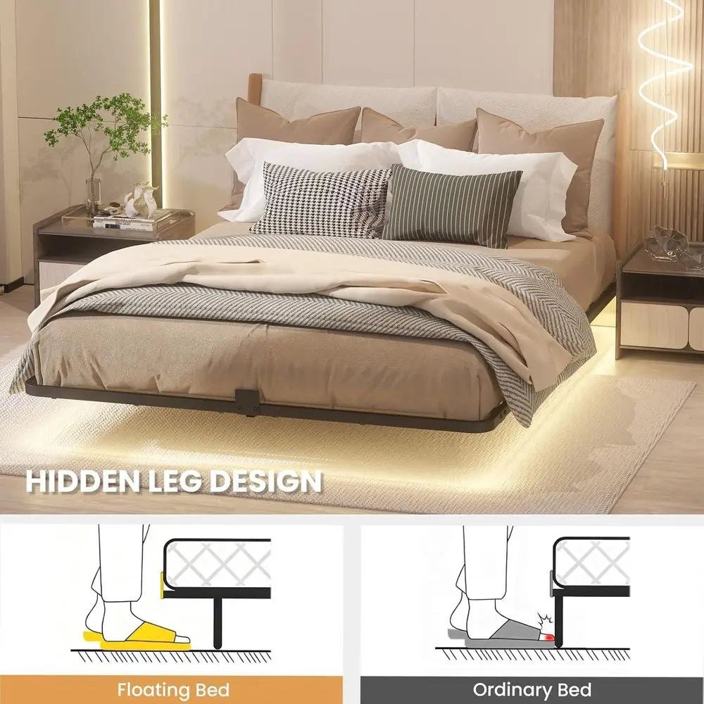 Luxury King Size LED Floating Bed Frame, Metal Platform, No Box Spring, Easy Assembly, Silent