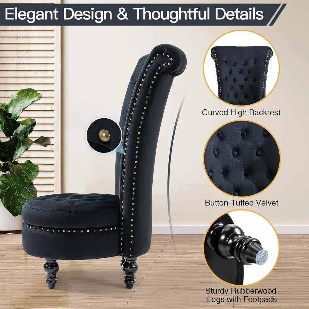 AVAWING High Back Throne Chair, Velvet Armless Royal Accent Chair w/Storage, Nailhead Trim & Rubberwood Legs for Living Room & B