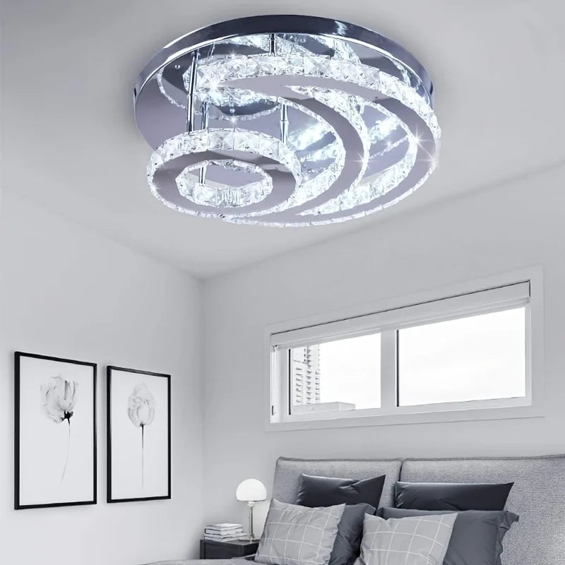 15.7" Crystal Chandelier Modern LED Ceiling Light Moon Shape Crystal Flush Mount Ceiling Lights Fixture for Bedroom Living Room