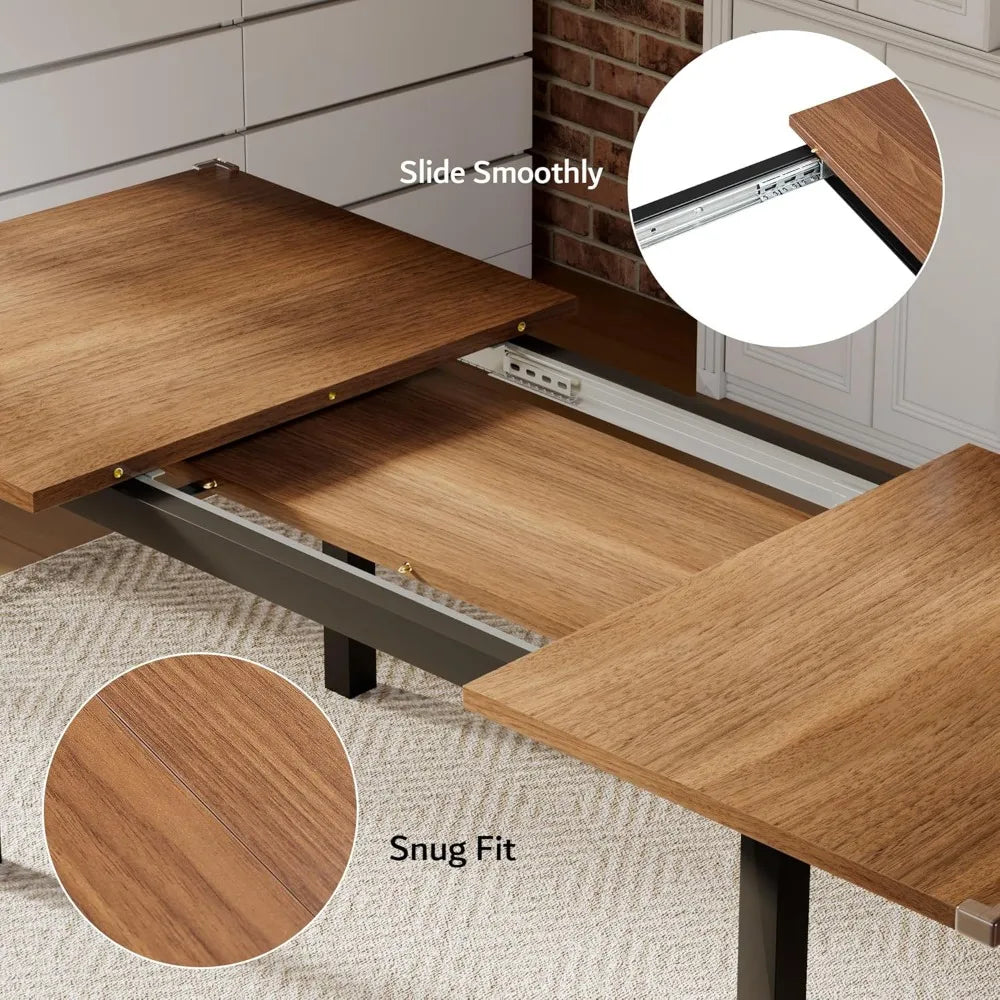 6-8 Seater Dining Table Set with 6 Chairs, 63" Extendable Kitchen Table Set, Solid Metal Frame Dining Room Table