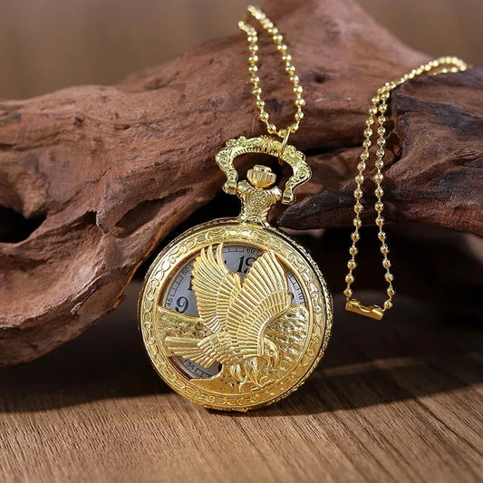 Fashion Men Hollow Eagle Quartz Pocket Watch Necklace Luxury Gold Pendant Gifts For Women Man with Fob Chain