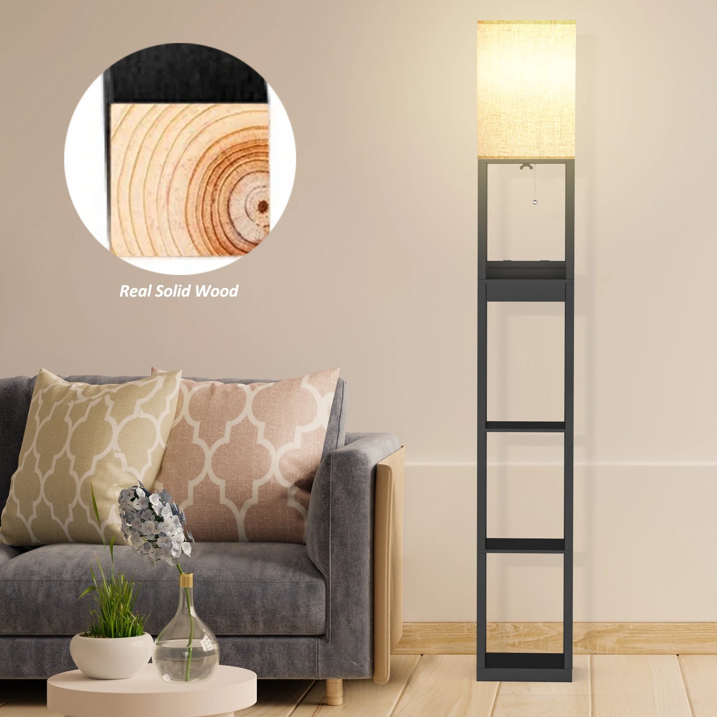 67" Column Floor Lamp with Shelves, Solid Wood, USB Ports, Storage Drawer and Bulb Included