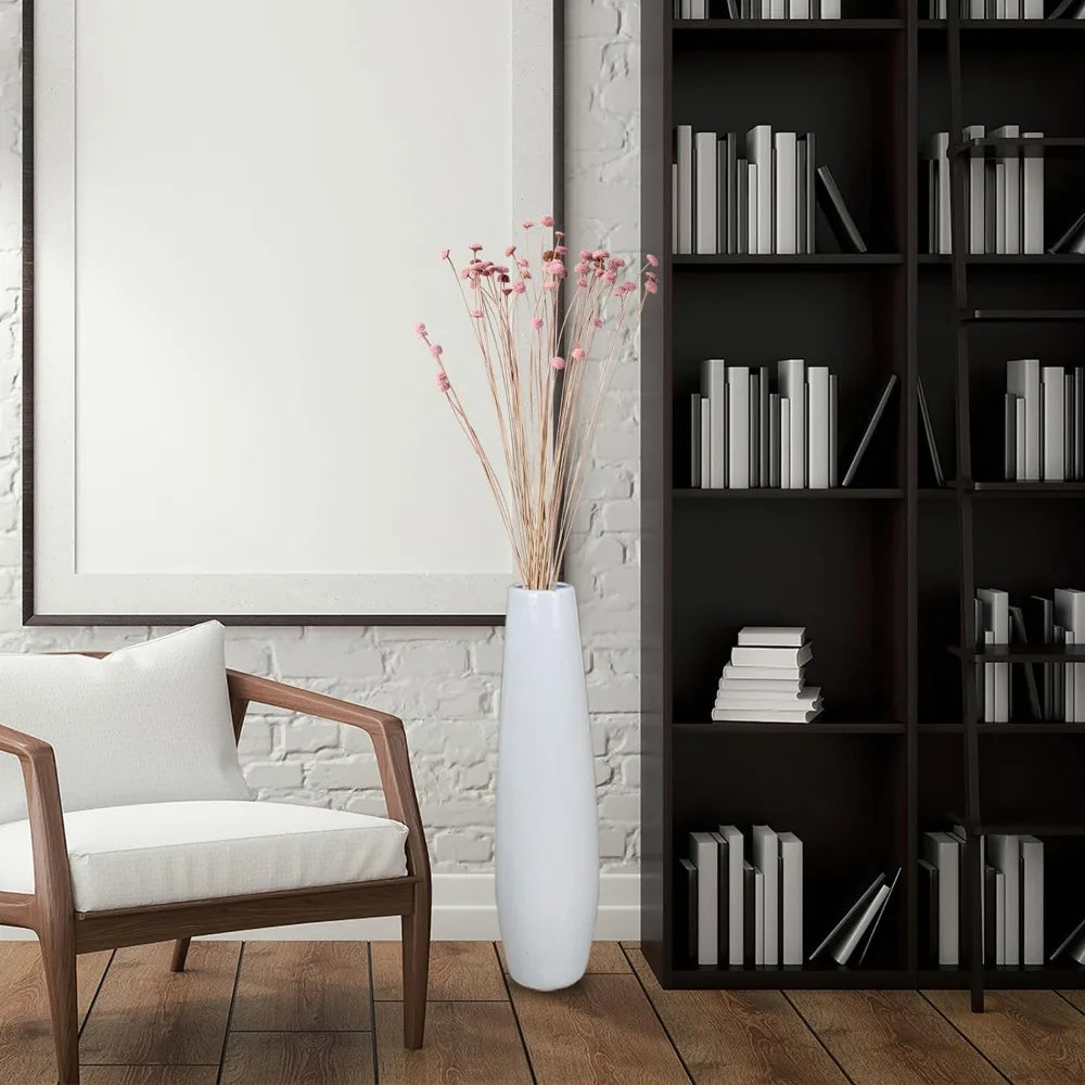 Large Decorative White Ceramic Floor Vase 24 Inches Tall for Flower Arrangements, Table Centerpieces, and Home Living Room Decor
