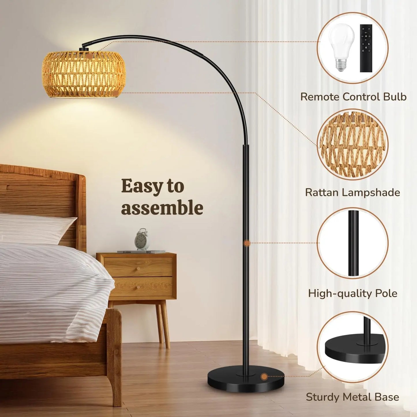 Arc Floor Lamp, Rattan Boho Standing Lamp with Remote, 3-Temperature Dimmable LED, Black Floor Light for Living Room, Bedroom, C