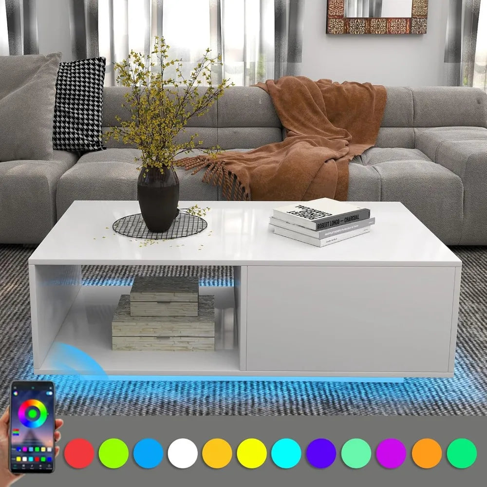 Modern White LED Coffee Tables for Living Room with Drawer & 16-Color LED Lights, Rectangle Living Room Sofa Table with Ample S