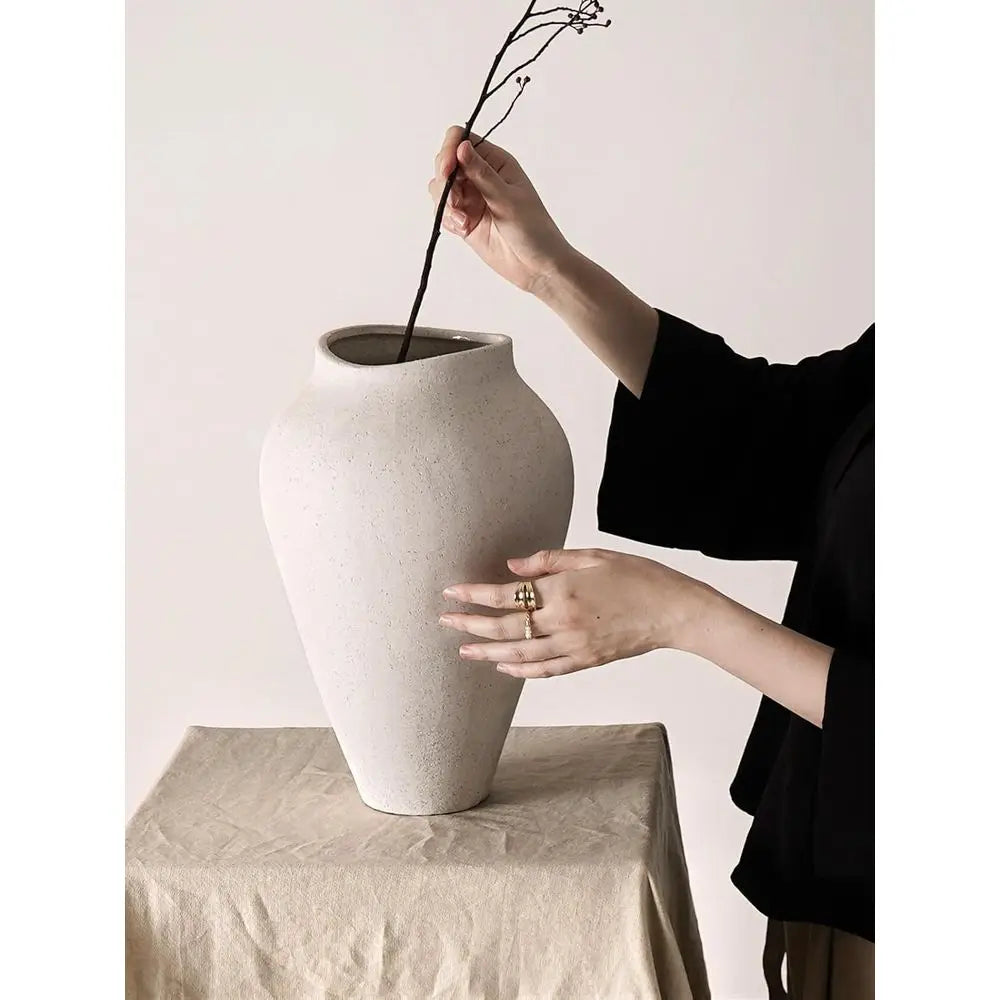 Large 13.6 Inch White Ceramic Floor Vase for Centerpieces, Living Room Decor, Farmhouse Style, Rustic Minimalist, Suitable for E