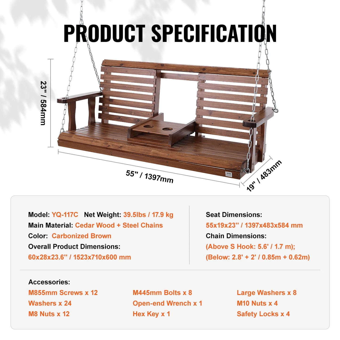 SucceBuy Wooden Porch Swing 5 ft Patio bench swing for Courtyard Garden Upgraded 880 lbs Strong Load Capacity Swing Chair Bench