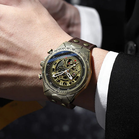 Men Mechanical  Watch Business Retro Trend Bronze Leather Strap Automatic Mechanical Watch Waterproof Male Fashion Clock Watches