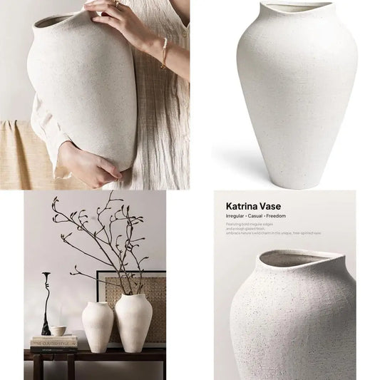 Large 13.6 Inch White Ceramic Floor Vase for Centerpieces, Living Room Decor, Farmhouse Style, Rustic Minimalist, Suitable for E