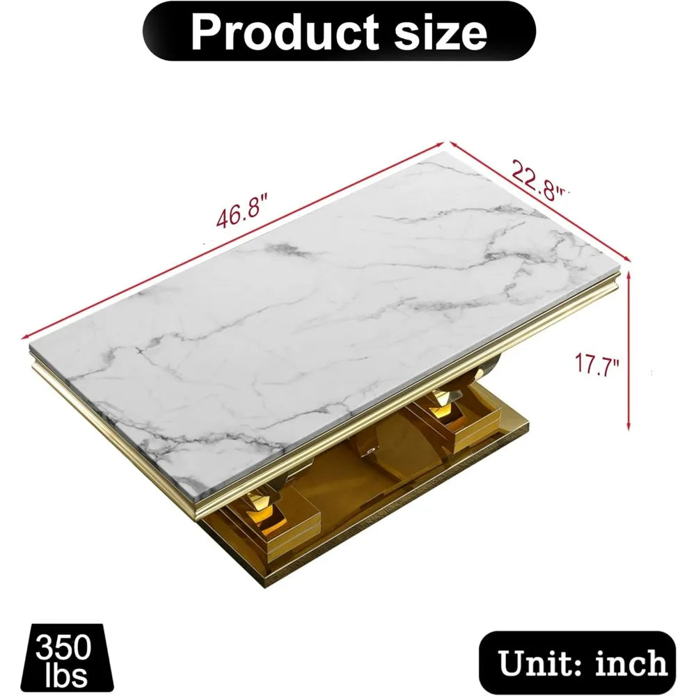 Luxury Marble Coffee Table with Gold Stainless Steel Pedestal Modern 47" Rectangle Coffee Table Elegant White Marble Center Tab
