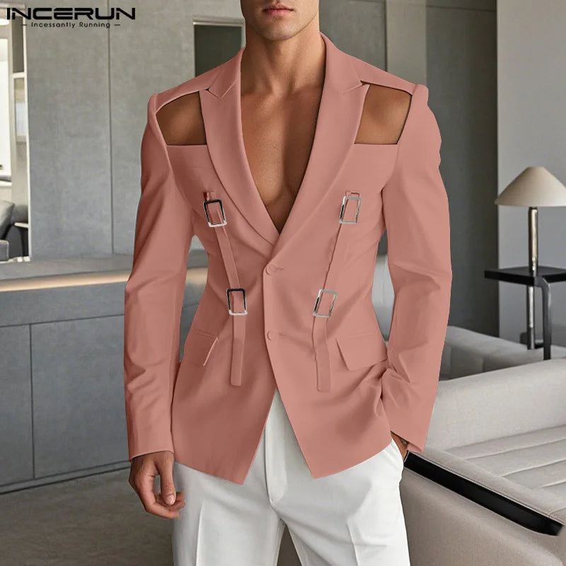 Men's Clothing Fashion Hollow Out Men Blazer Vintage Solid Lace-Up Suits Streetwear Tops Casual Autumn Summer Blazer Oversized