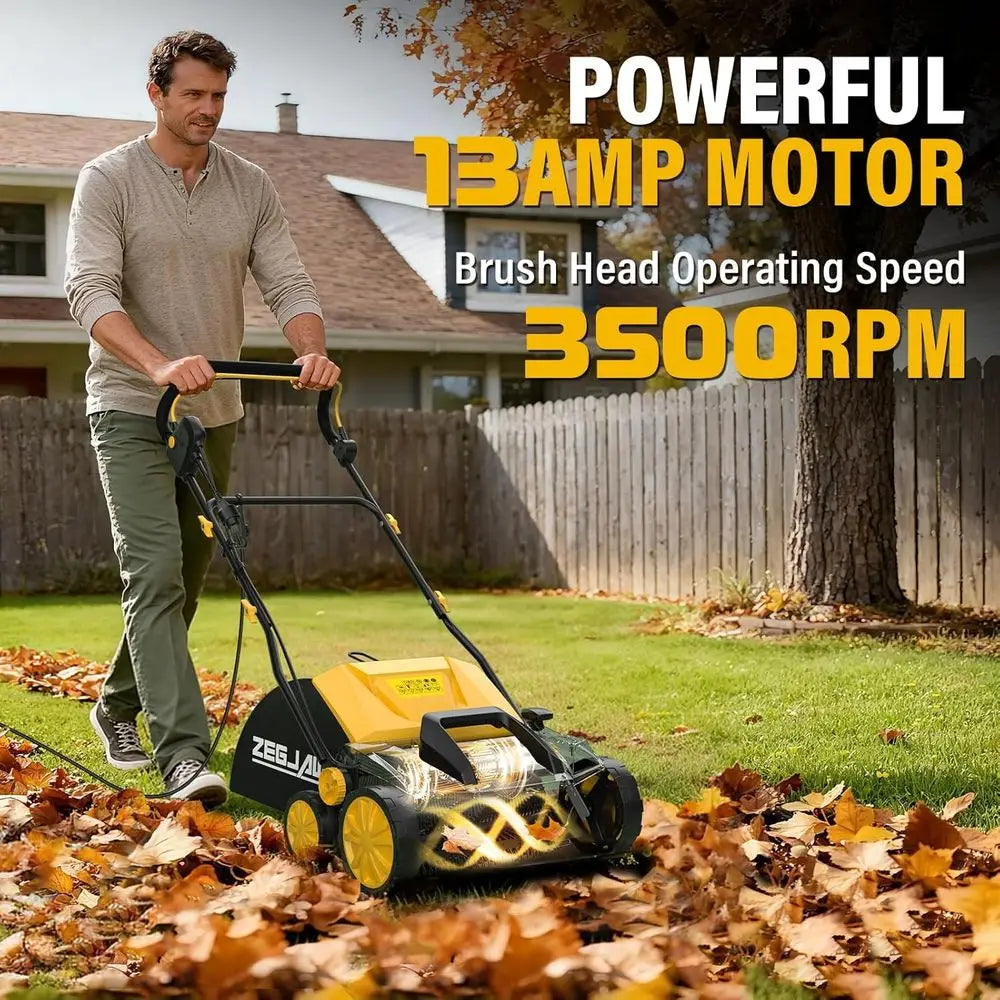 15 13-Amp Electric Lawn Sweeper with 5-Position Height Adjustment, 45L Detachable Bag, Quick-Fold Design for Artificial Turf Mai